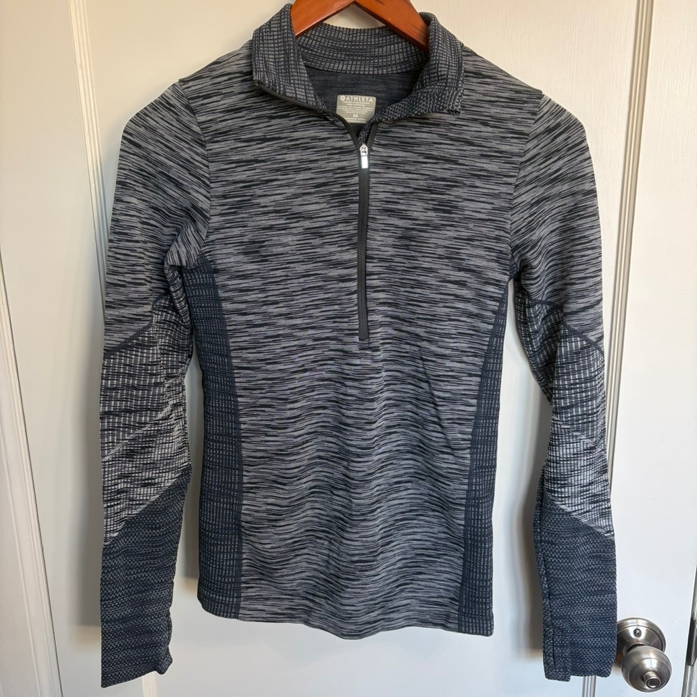 Athleta Seamless Half Zip Running Top Womens XS Navy Gray Space Dye Thumbhole